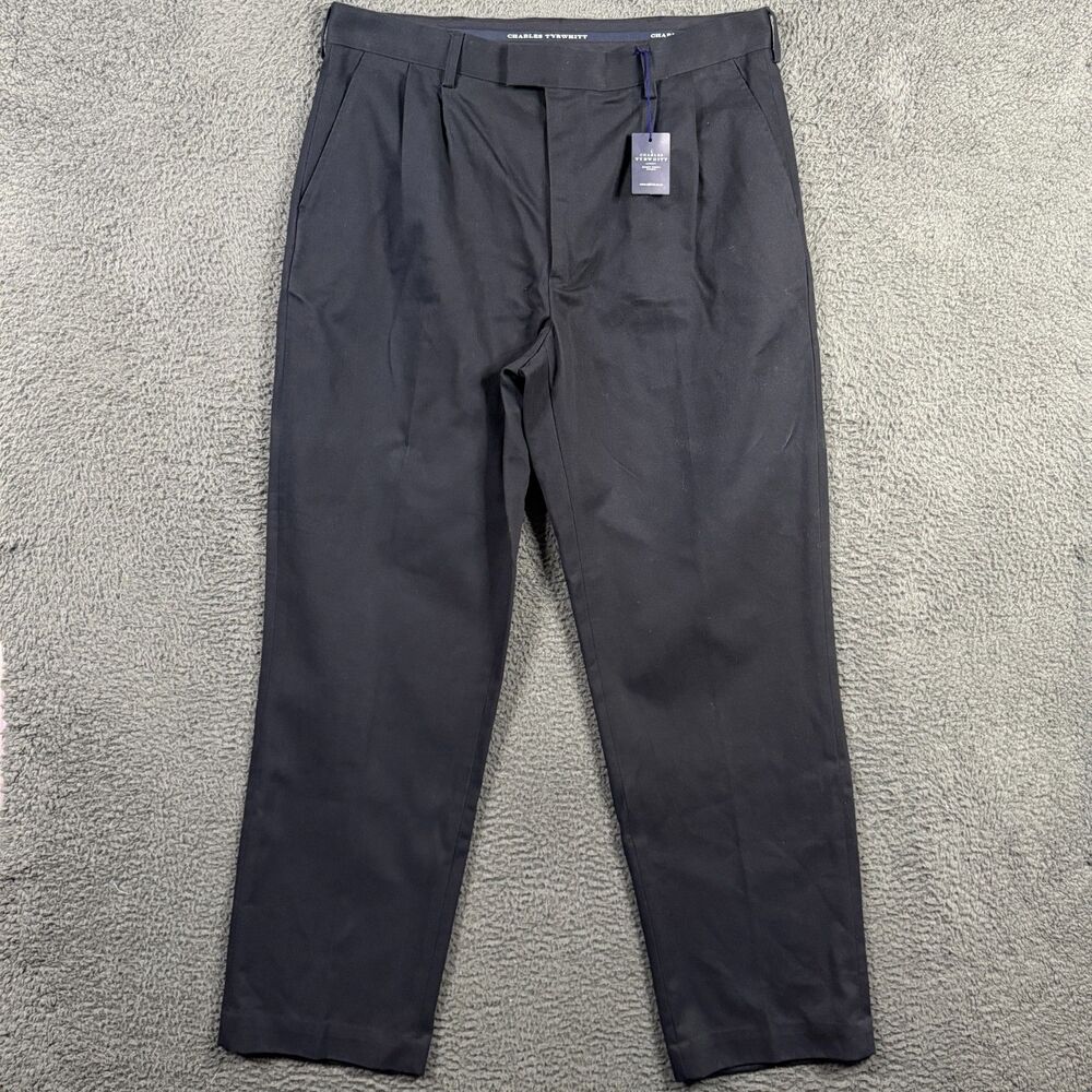 Charles Tyrwhitt Pants Mens 38x32 Black Classic Fit Chinos Pleated Preppy NWT